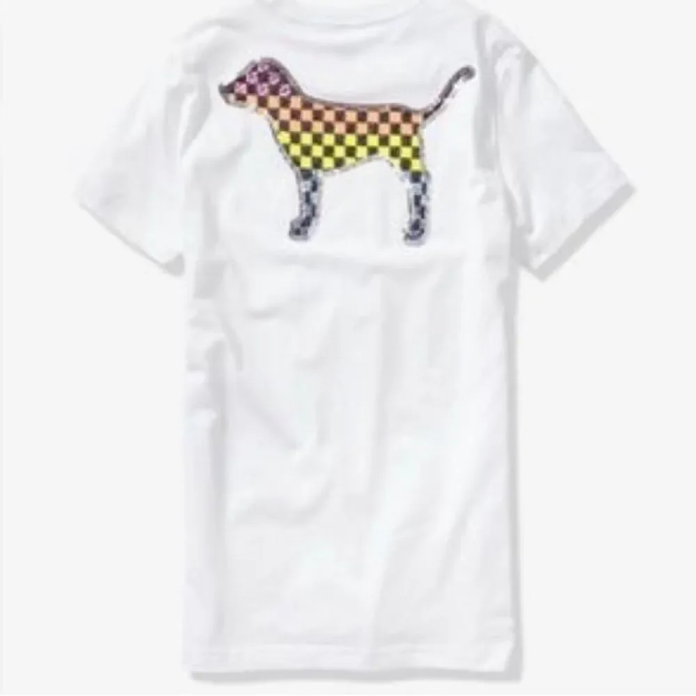 PINK VS CHECKERED RAINBOW BLING DOG CAMPUS TSHIRT XL